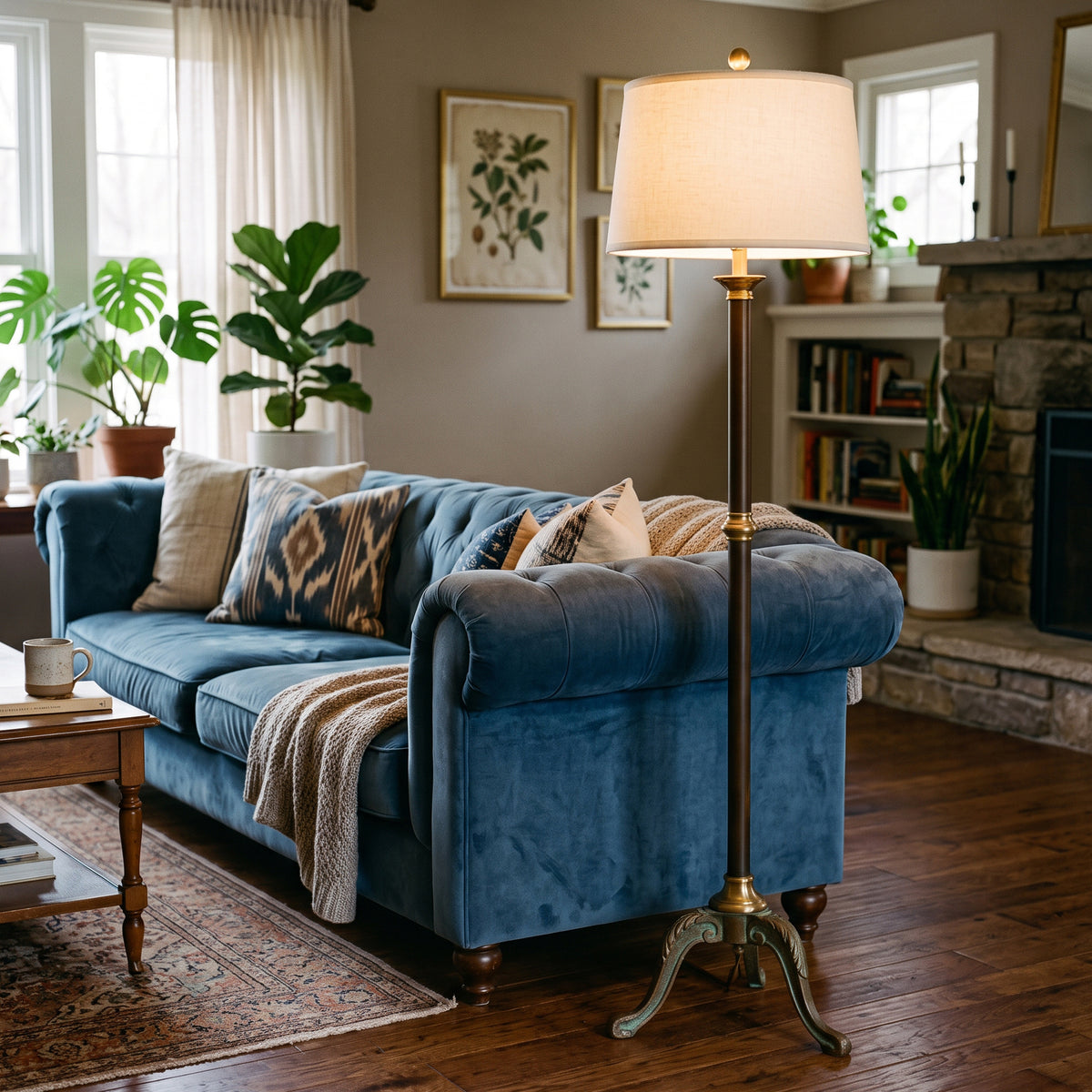 Vintage Brass & Linen Floor Lamp